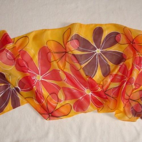 šál 180x45 cm oranžové, fialové a červené květy