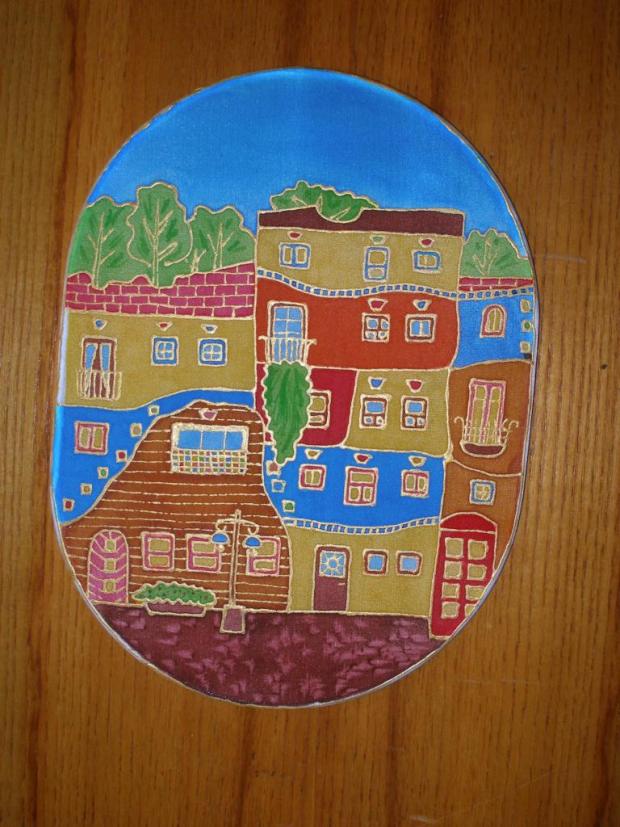 HUNDERTWASSERHAUS, Maľovaný textil, modralentila, 1