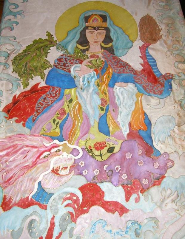 Kwan Seum Bosal - 145 cm x 105 cm, Maľovaný textil, Adinka, 1