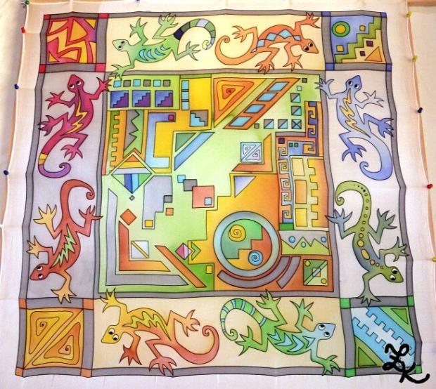 Šatka s jašteričkami, Maľovaný textil, zuzanakas, 1